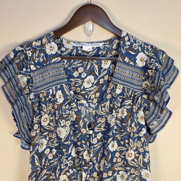 Veronica Beard Tinzia Floral Midi Dress Women Large Blue Boho Ruffle Tassels - Picture 3 of 13